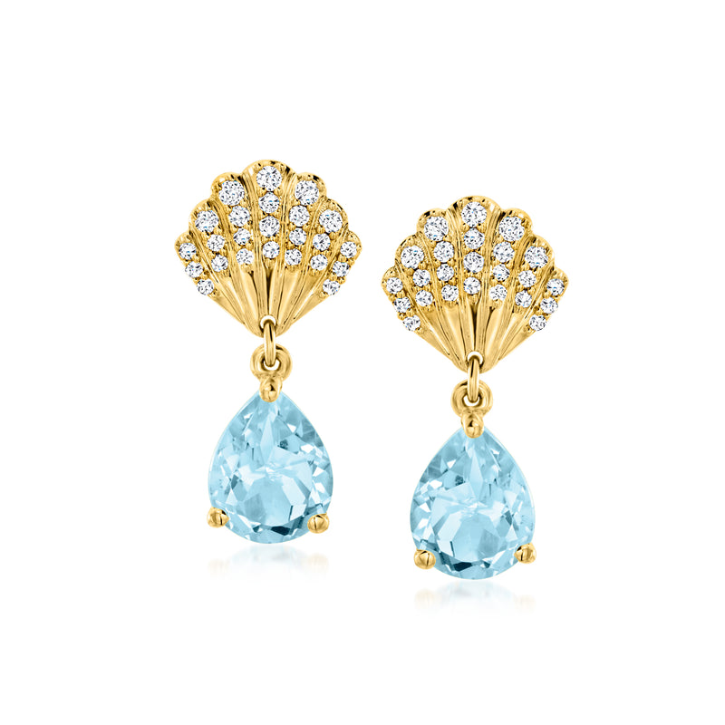 Gold drop earrings with seashell tops, sky-blue teardrop gemstones and white zircon accents