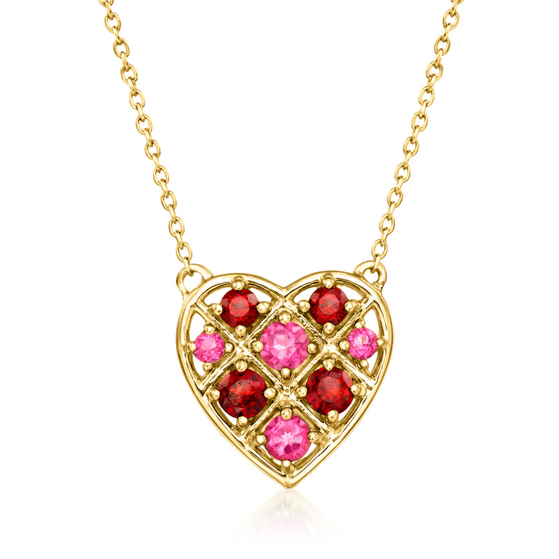 Gold over sterling heart necklace with red and pink gemstone inlaid pendant