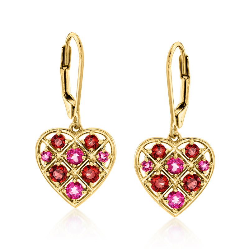 Heart drop leverback earrings with red and pink gemstones in gold-tone setting