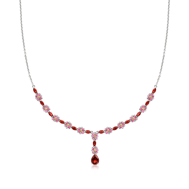 Floral Y-necklace with sterling silver chain, pink and red gemstone drops