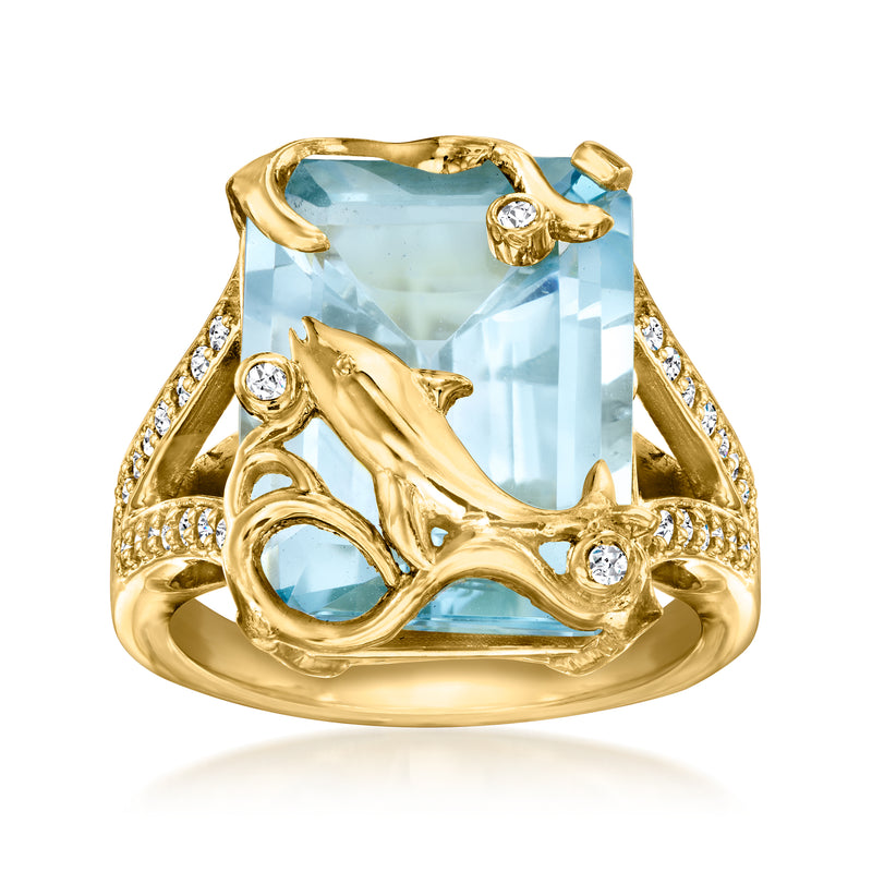 Gold-tone dolphin ring with large sky-blue gemstone and white zircon accents, side view