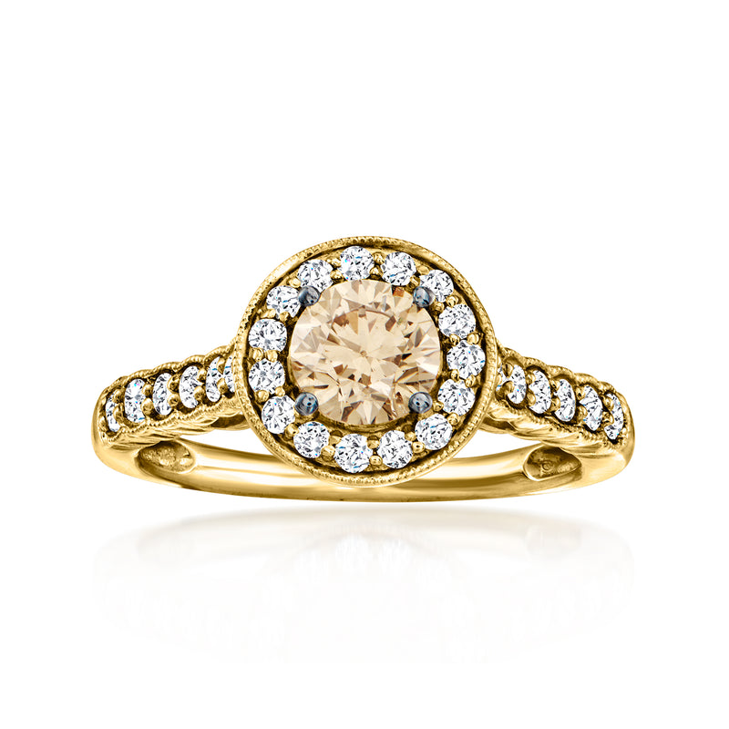 14kt honey gold ring with oval center stone, round diamond halo, split-shank