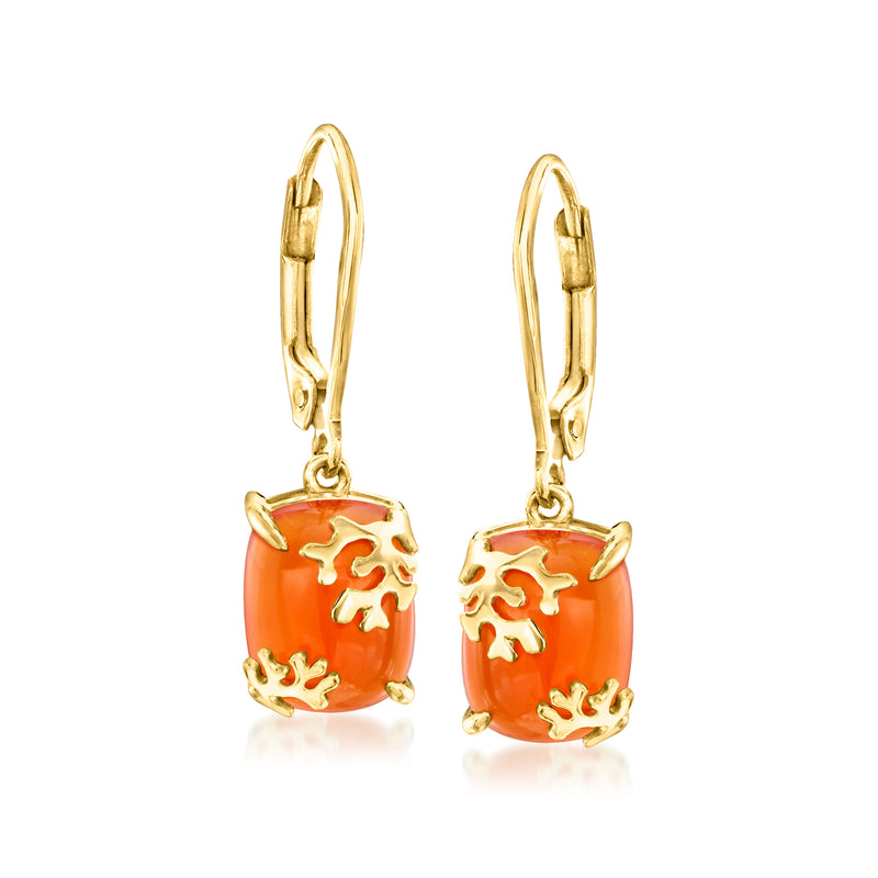 Gold leverback drop earrings with orange carnelian cubes and reef pattern accents