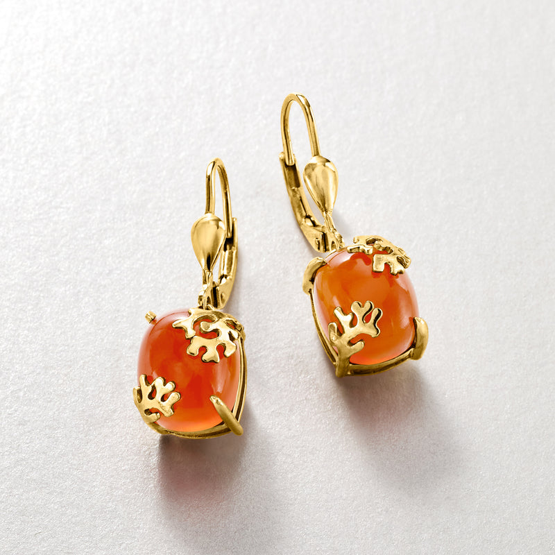 Orange carnelian drop earrings with reef design and gold leverback closures