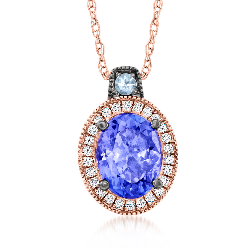 Rose gold pendant necklace with oval blue gemstone and diamond halo