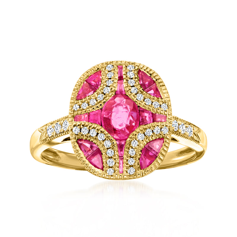 Vintage ruby and diamond ring, 18kt yellow gold with pink center stone and halo