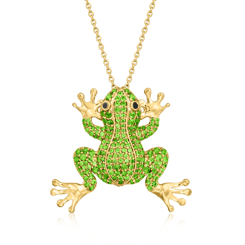 Gold frog pin pendant necklace with green gem body and black stone eyes on chain