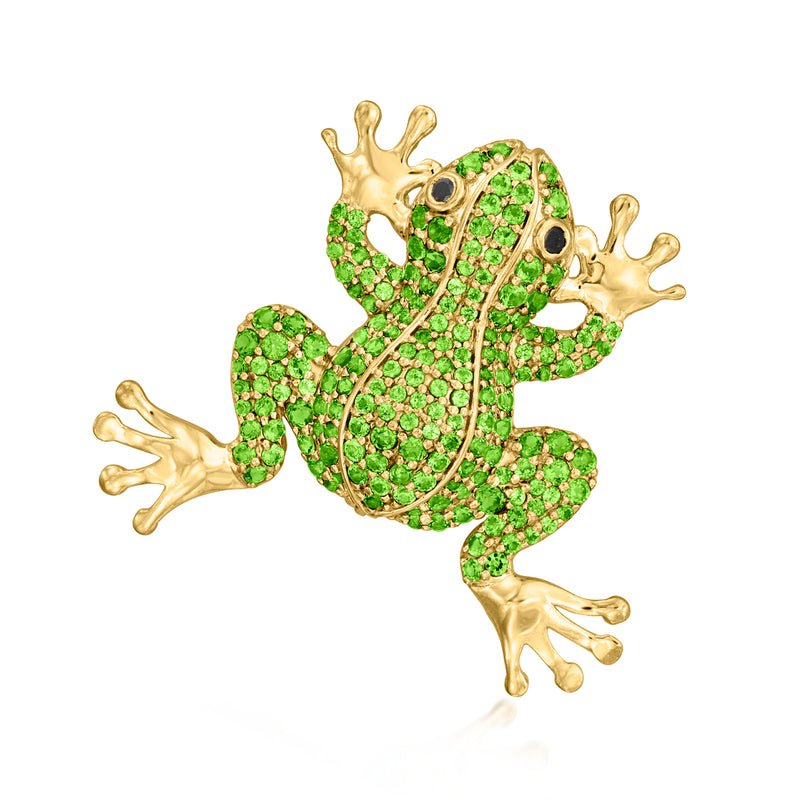 Gold frog pendant with textured green stones and black eyes, detailed side view