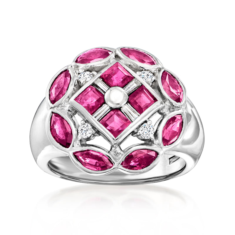 Platinum vintage-style ruby and diamond cluster ring with pink gemstone settings