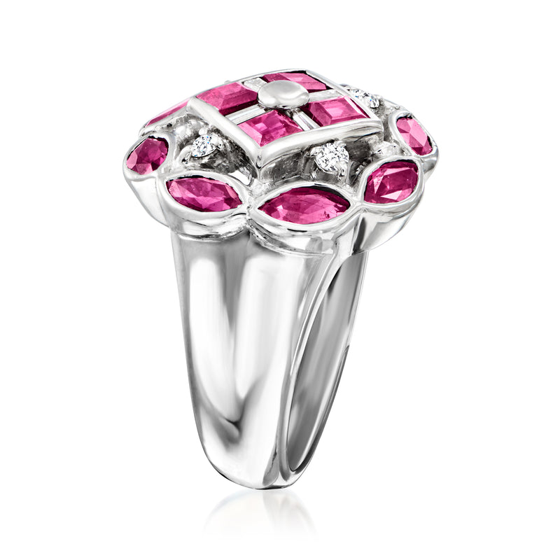 Platinum ruby and diamond ring with pink oval and marquise stone settings