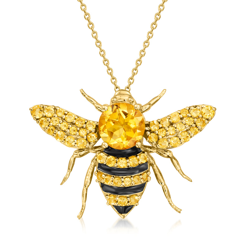 Gold bee pendant necklace with round citrine centerpiece and crystal pave accents