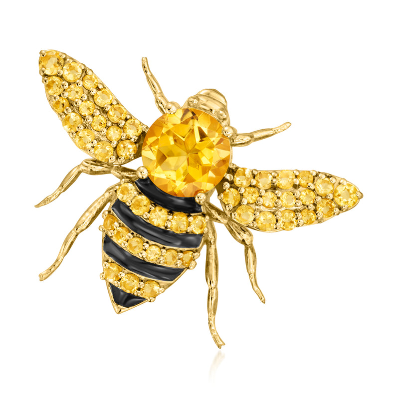 Citrine bee pendant necklace with textured gold wings and black enamel stripes