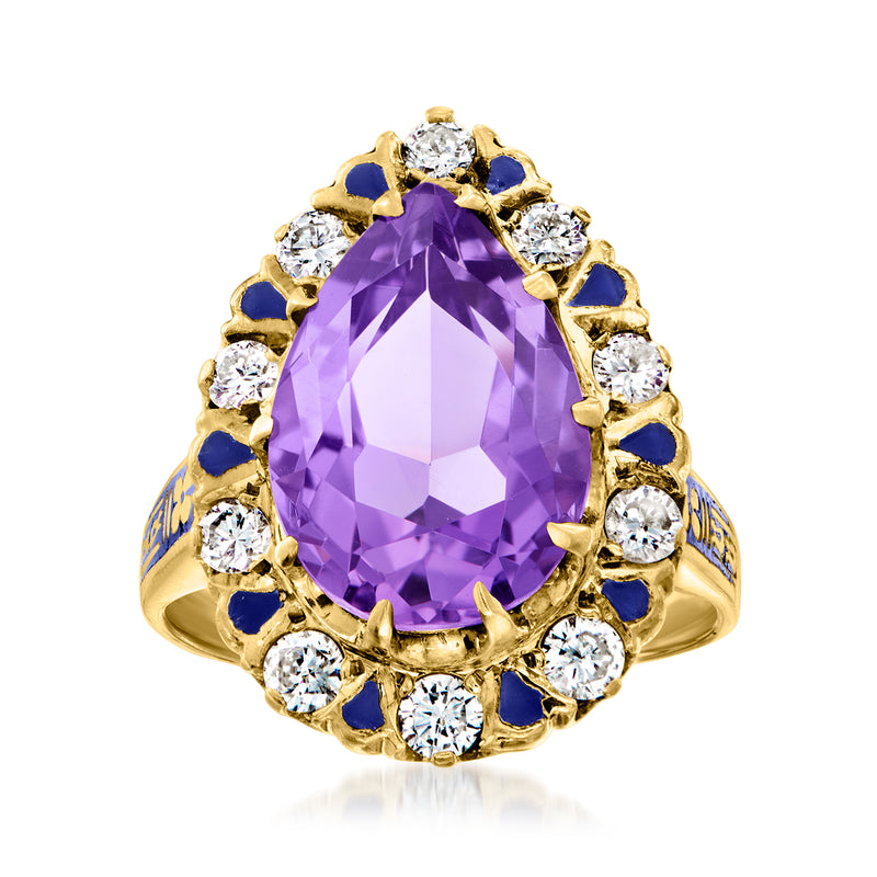 Yellow gold ring with purple amethyst centerpiece, blue enamel accents, and diamond halo
