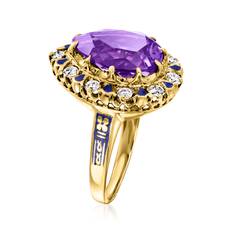 Yellow gold ring angled view with purple amethyst, diamond side stones, and blue enamel