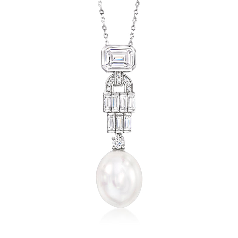 Sterling silver pendant necklace with shell pearl drop and CZ accent settings