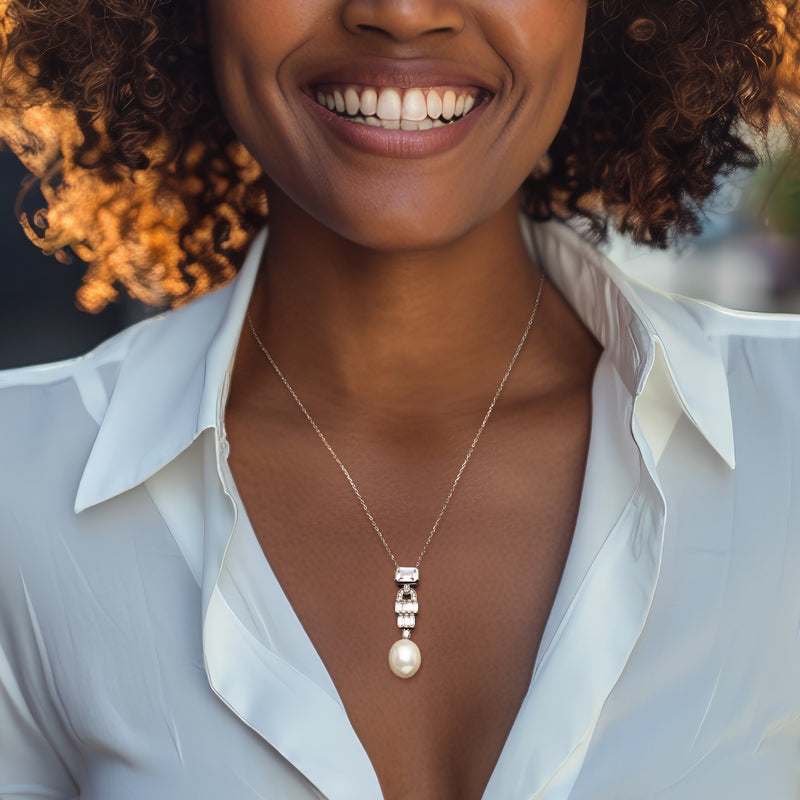 Sterling silver pendant necklace with shell pearl bead and CZ square station