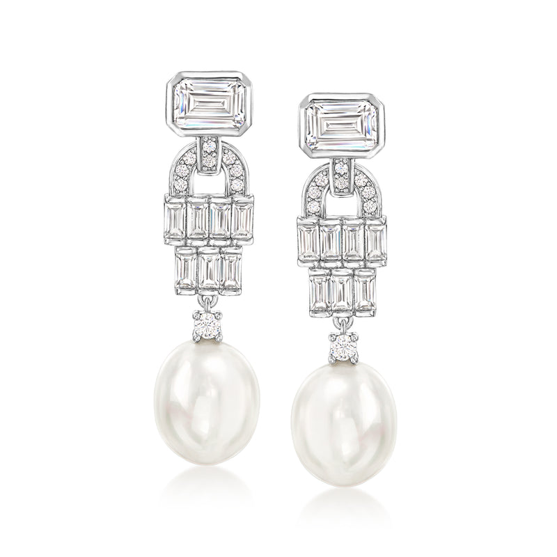 Sterling silver vintage drop earrings with square CZ details and white shell pearl drops