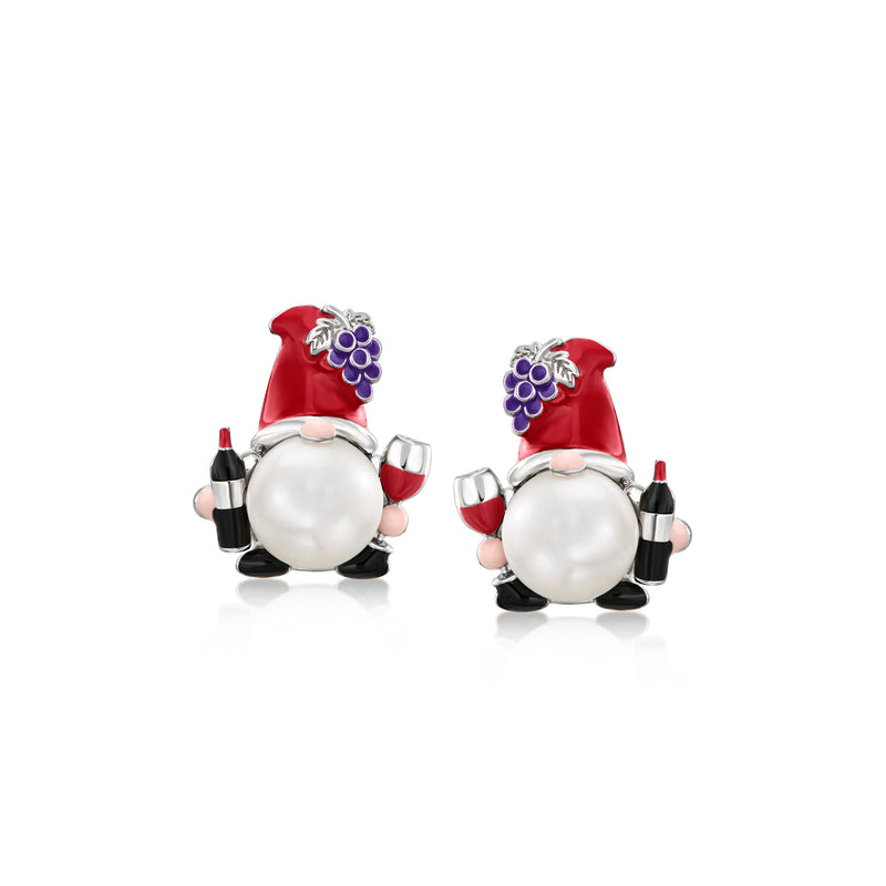 Sterling silver gnome stud earrings with white pearl bodies, red hats, purple flowers