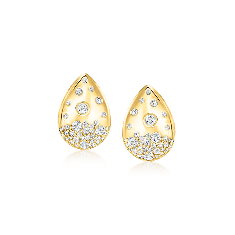 Gold teardrop drop earrings with scattered round white stones, stud-backing detail