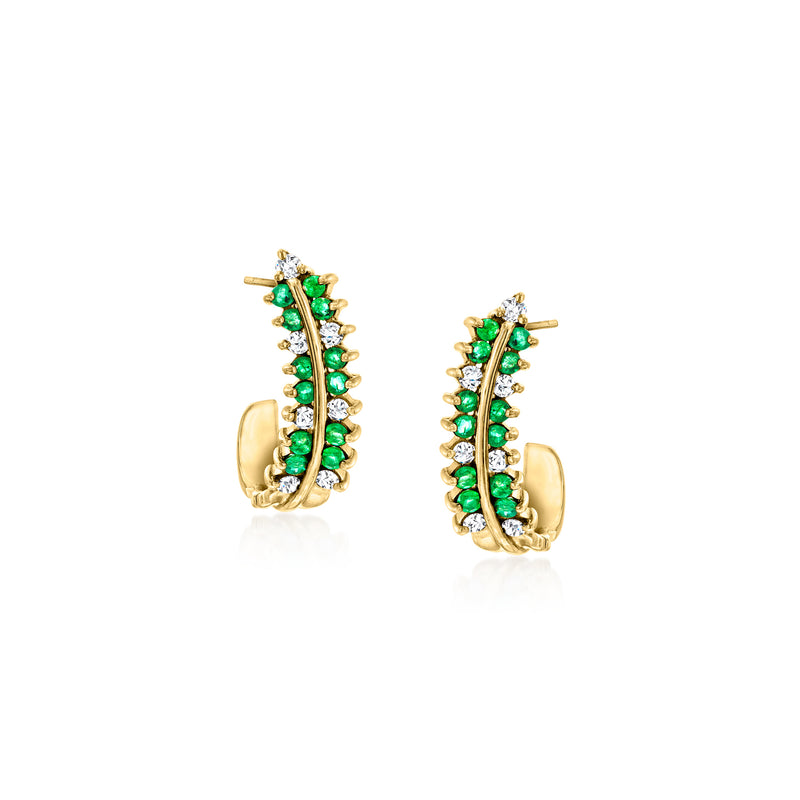 Curved 14kt yellow gold post earrings with green emerald-style stones and white diamonds
