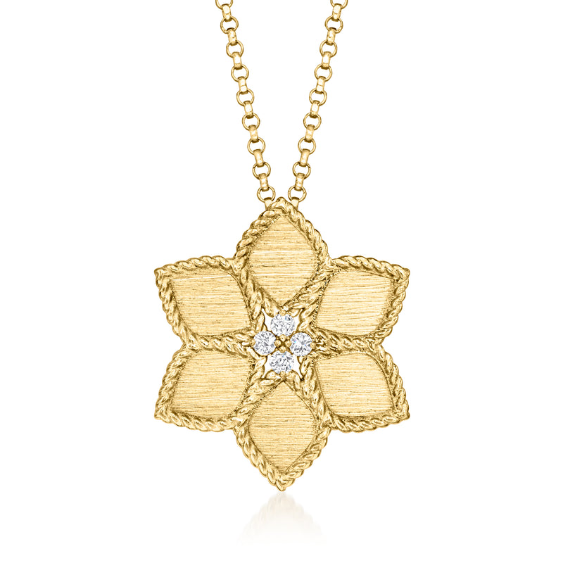 18kt yellow gold daisy necklace with diamond center, link chain