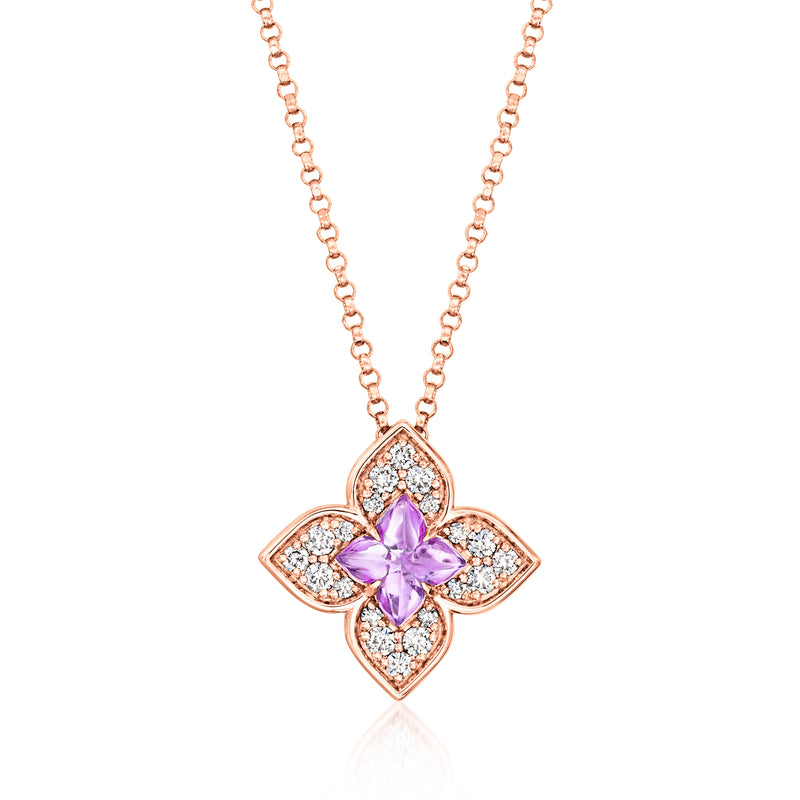 18kt rose gold amethyst and diamond pendant necklace with flower-shaped center