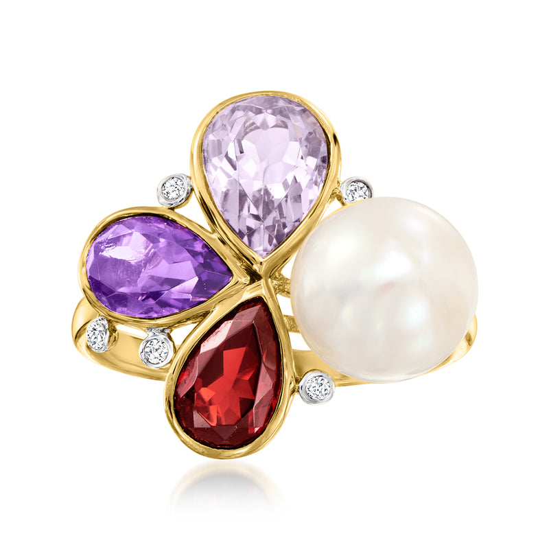Gold-tone multi-gemstone ring with white cultured pearl, purple/red stones, diamond accents