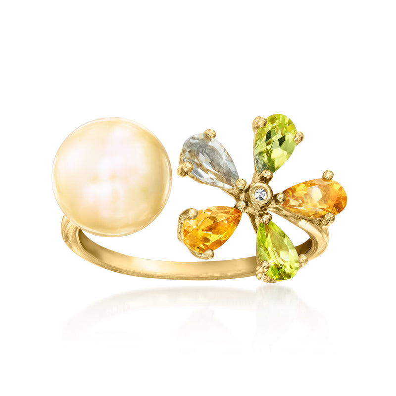 Gold-tone flower ring with round cultured pearl and green, yellow, and clear gemstones