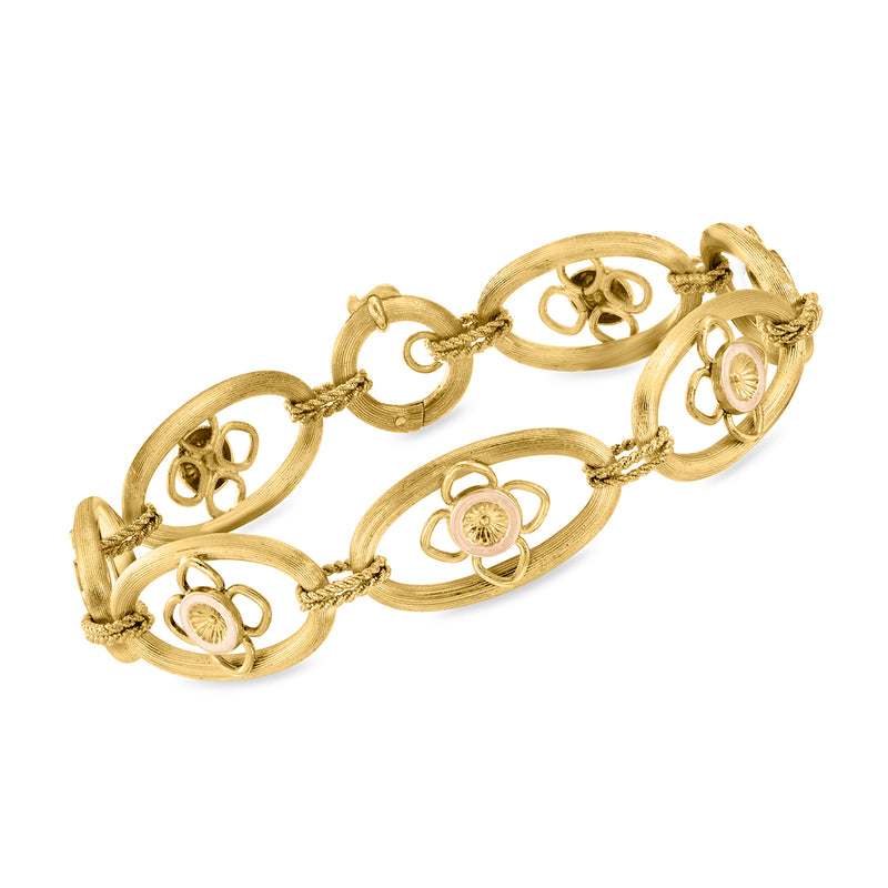 Vintage 14kt two-tone gold floral-link bracelet with oval and round medallion links