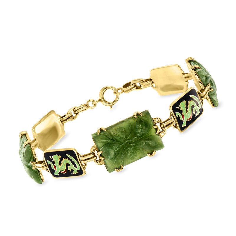 14kt yellow gold dragon bracelet with green nephrite stones and multicolor enamel