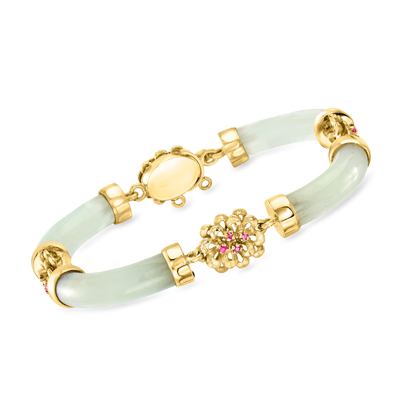 Vintage 14kt yellow gold bracelet with gray-green jade bars and ruby flower clasp
