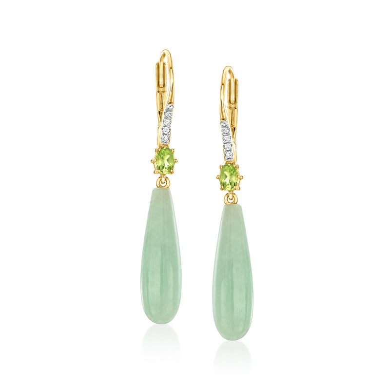 Gold leverback drop earrings with pale green teardrop stones and small clear accents