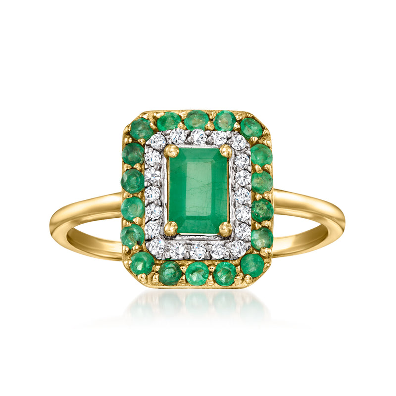 14kt yellow gold ring with square green emerald center, diamond halo, and green side stones
