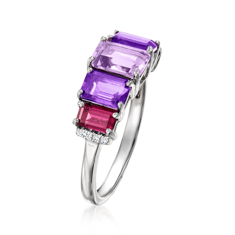 Side view of sterling silver five-stone ring with purple amethyst and pink rhodolite