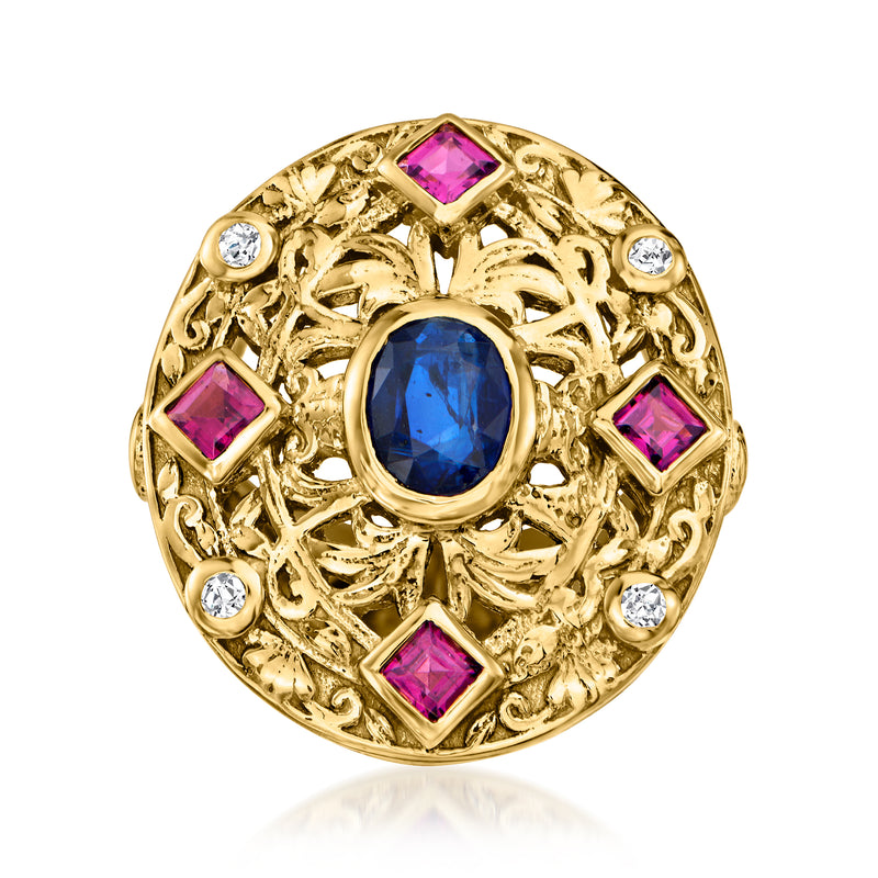 Gold filigree ring with oval blue center stone, purple square accents, and white zircons