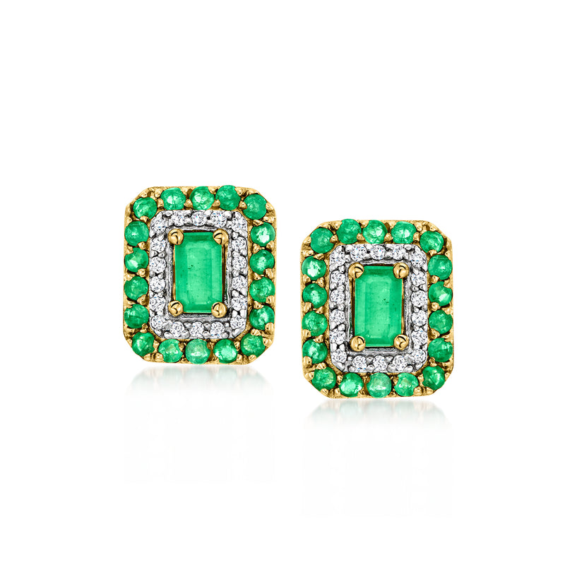 14k yellow gold square stud earrings with emerald green stones and diamond accents