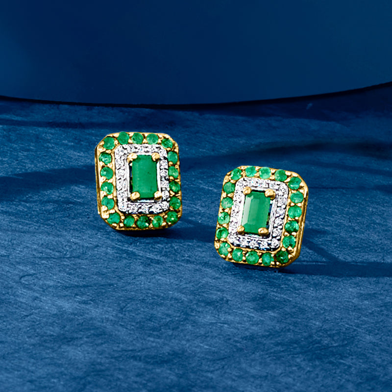 Square emerald stud earrings with diamond border and 14k yellow gold post backs