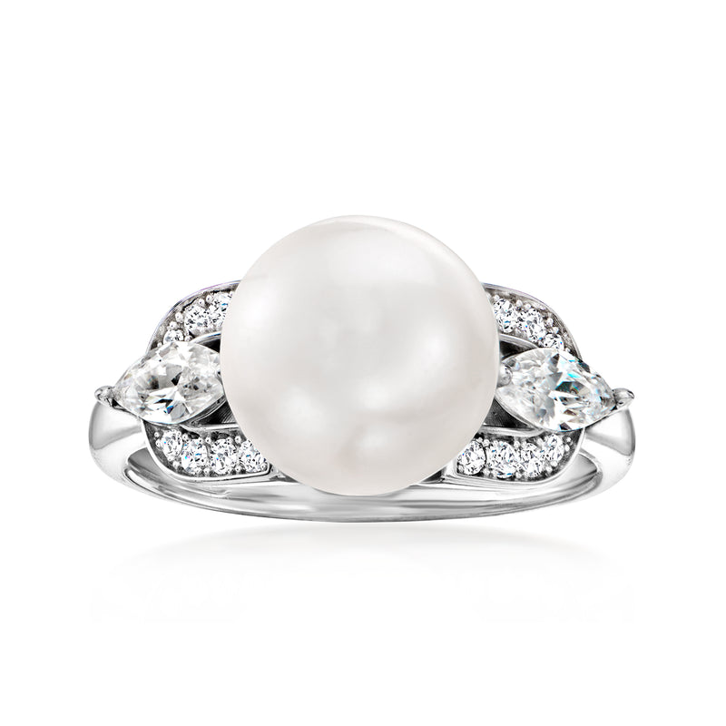 Sterling silver vintage-style ring with large white shell pearl and round CZ accents