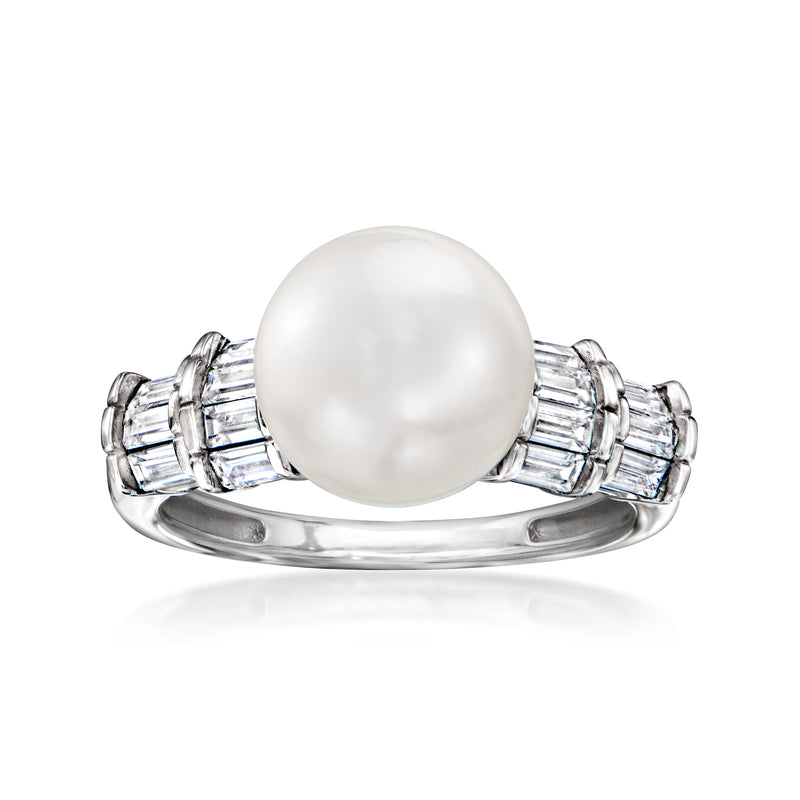 Sterling silver ring with round white shell pearl and baguette CZ accents