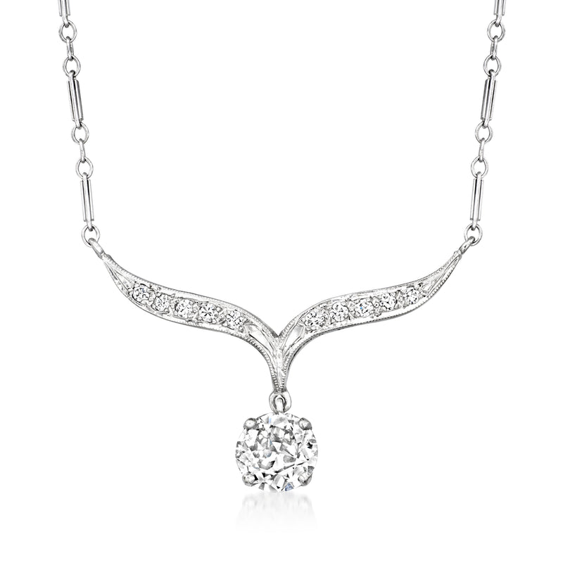 Diamond drop necklace with V-shaped pave setting, round center stone, on white gold chain