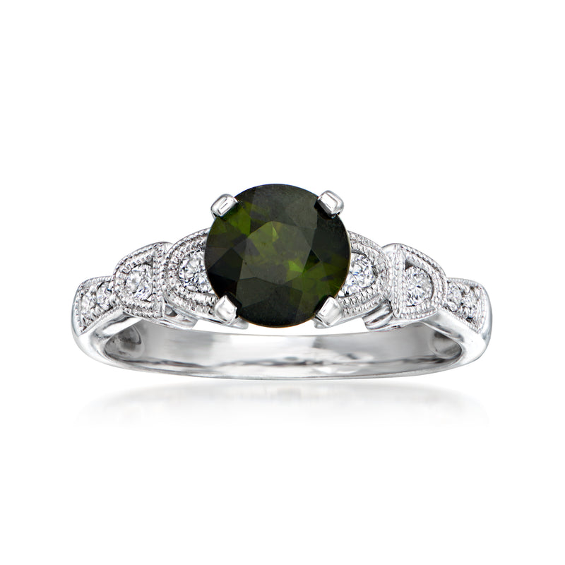 Vintage 14kt white gold ring with large green tourmaline and diamond accents