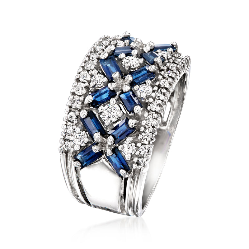Vintage sapphire and diamond cluster ring, blue baguette-style stones with diamond halo