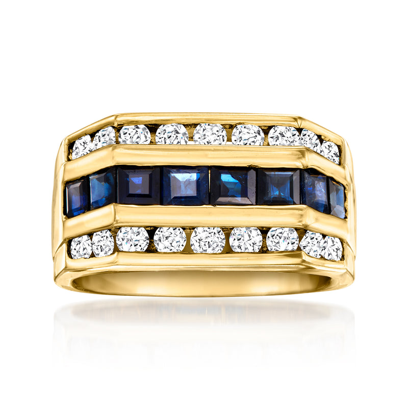 18k yellow gold ring with blue sapphire and white diamond rows, vintage style