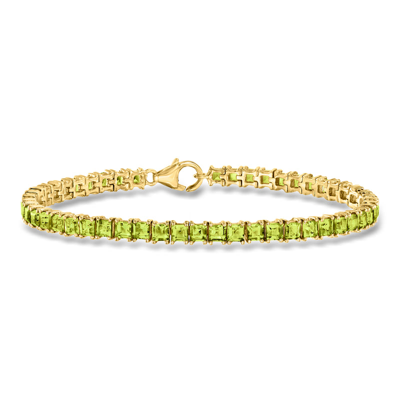 18kt gold tennis bracelet with square green peridot stones, hinged clasp