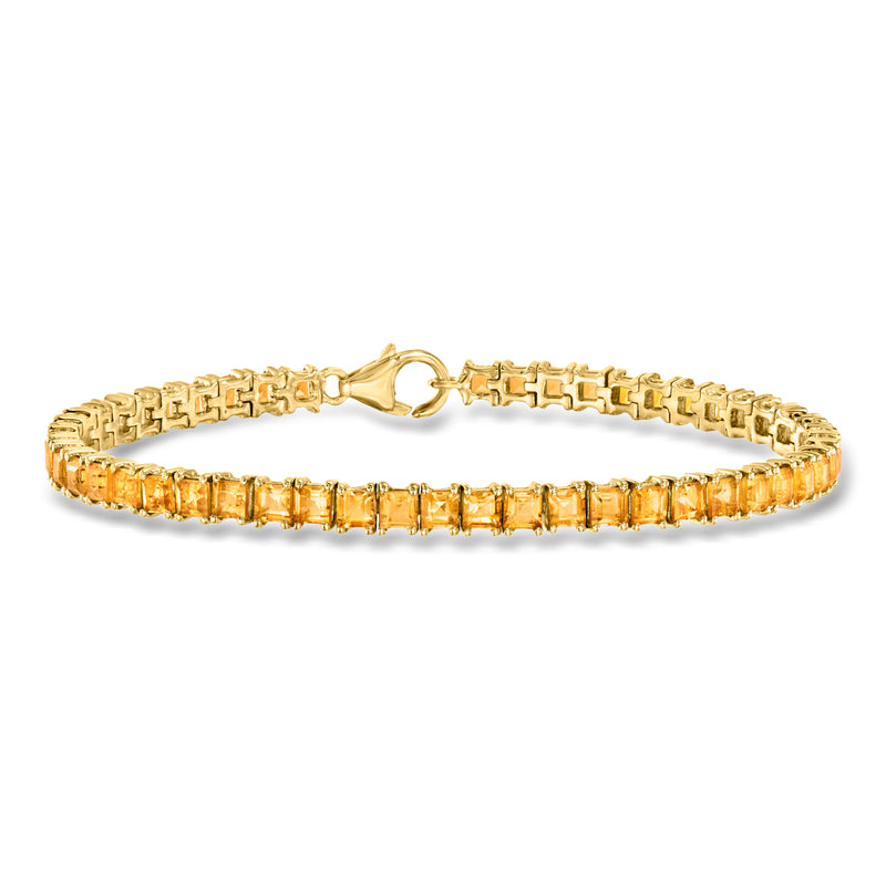 Square citrine tennis bracelet in gold-tone with rectangular links and clasp