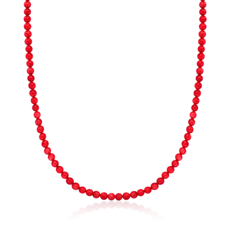 Red coral bead necklace with small round beads and gold clasp