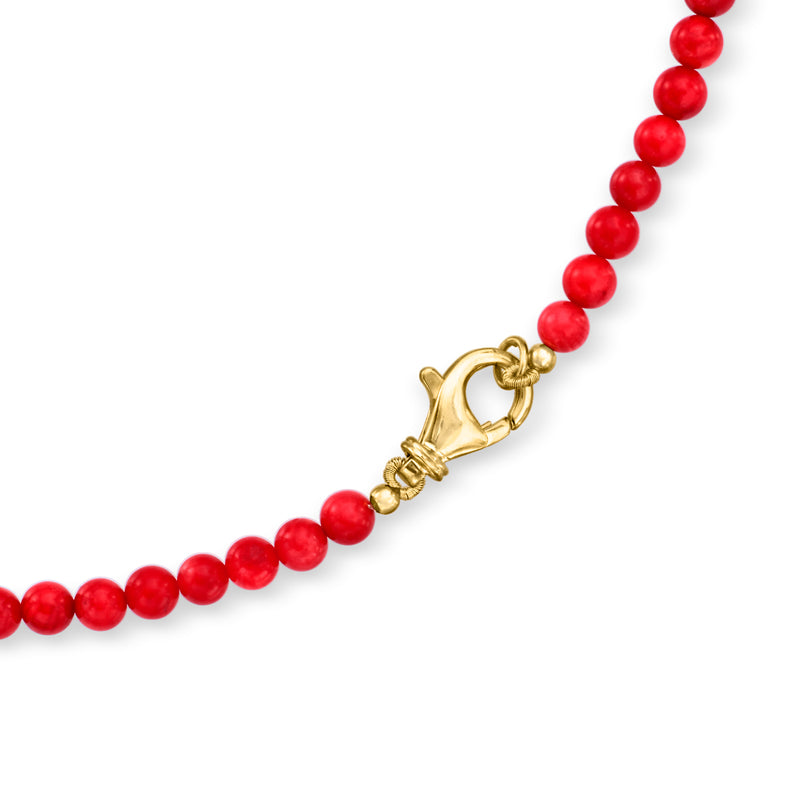Red coral bead necklace detail with round beads and gold clasp