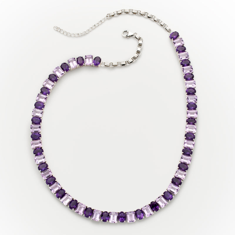 Sterling silver amethyst tennis necklace with lobster clasp and purple stones