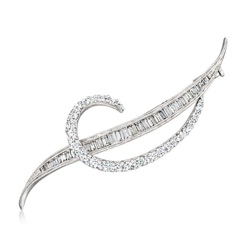 Vintage diamond swirl pin, white gold, baguette and round stone accents