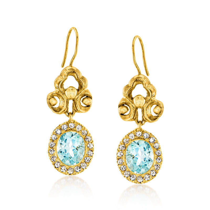 Vintage aquamarine and diamond drop earrings in 10kt yellow gold, round stones in halo